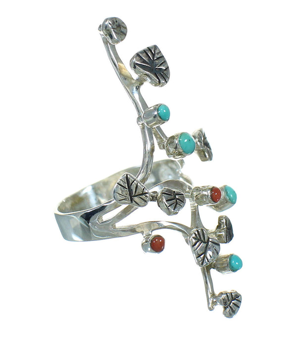 Southwest Silver Coral And Turquoise Ring Size 7-3/4 WX82685